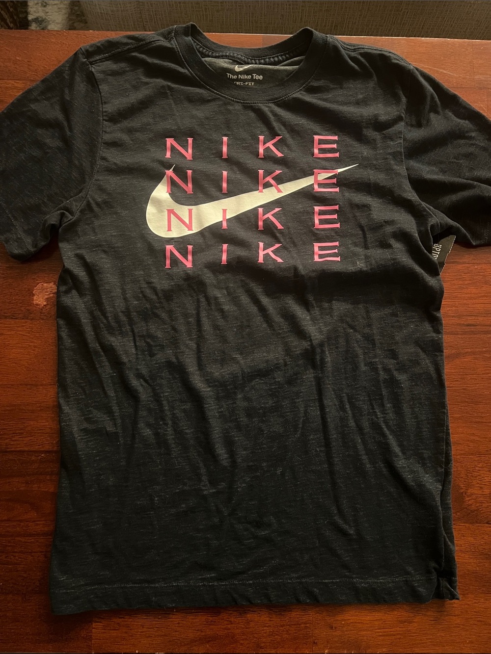 Nike Black Short Sleeve Tee with Pink Lettering and Cream Swoosh